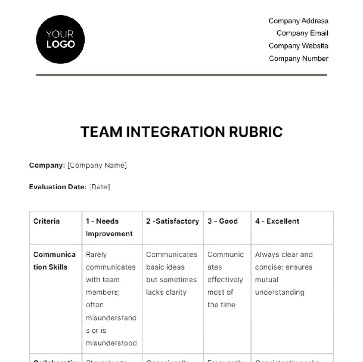 Team Integration Rubric HR Template