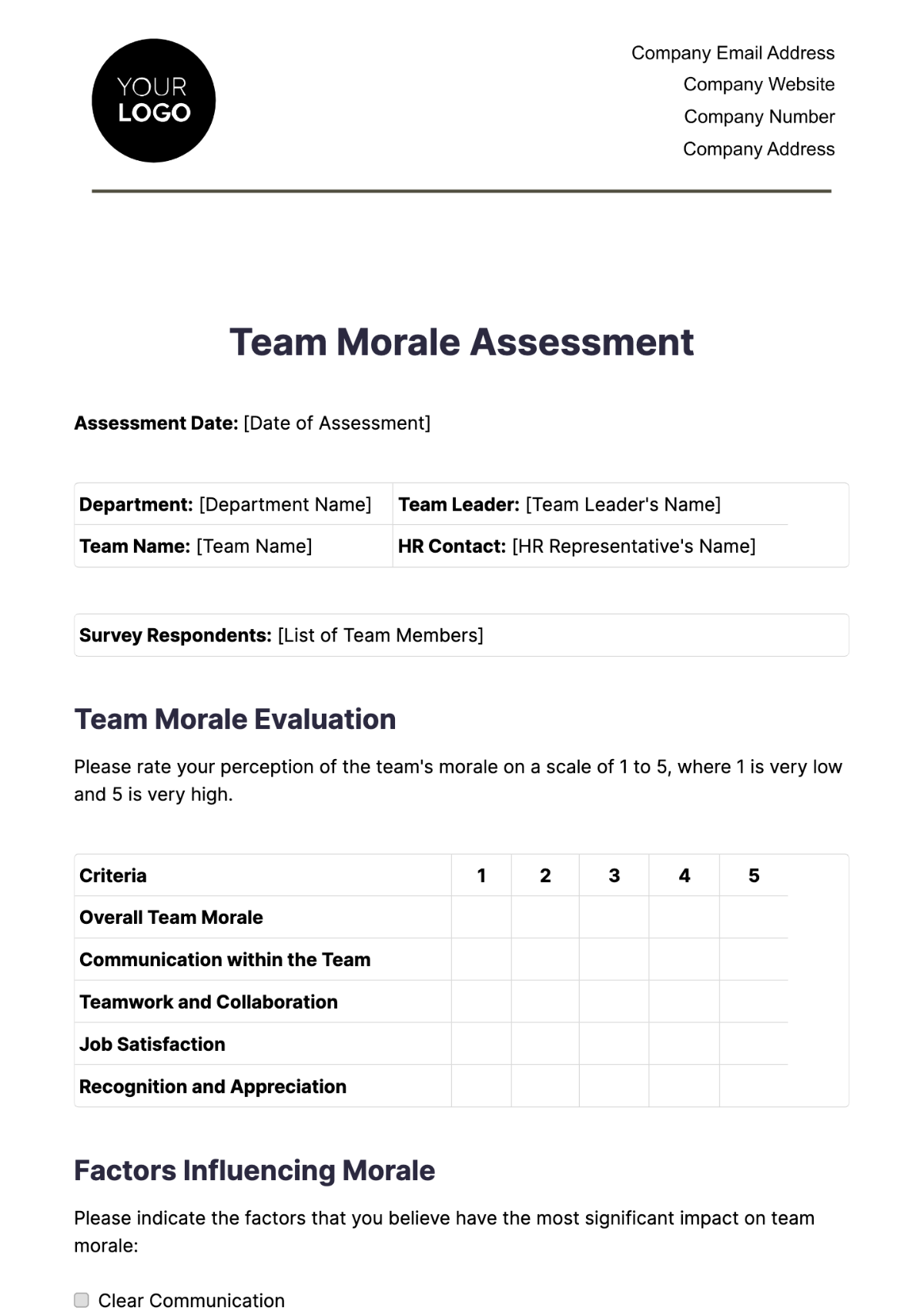 Team Morale Assessment HR Template - Edit Online & Download