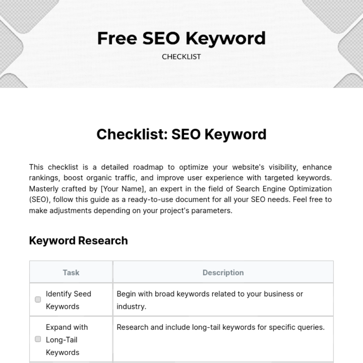 SEO Keyword Checklist Template