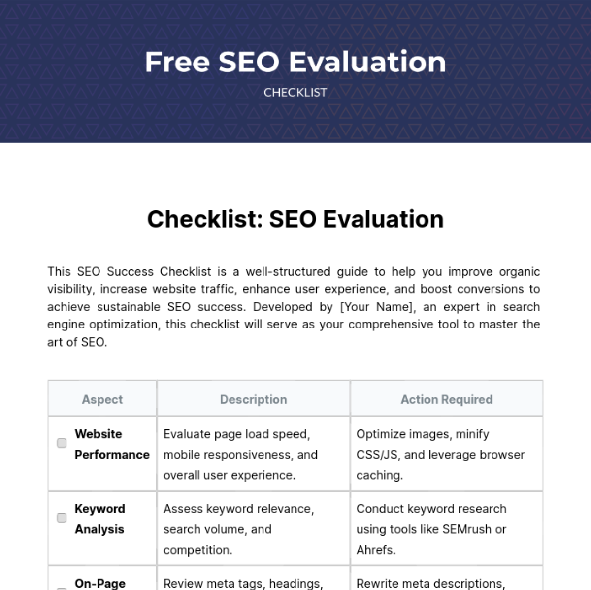 SEO Evaluation Checklist Template