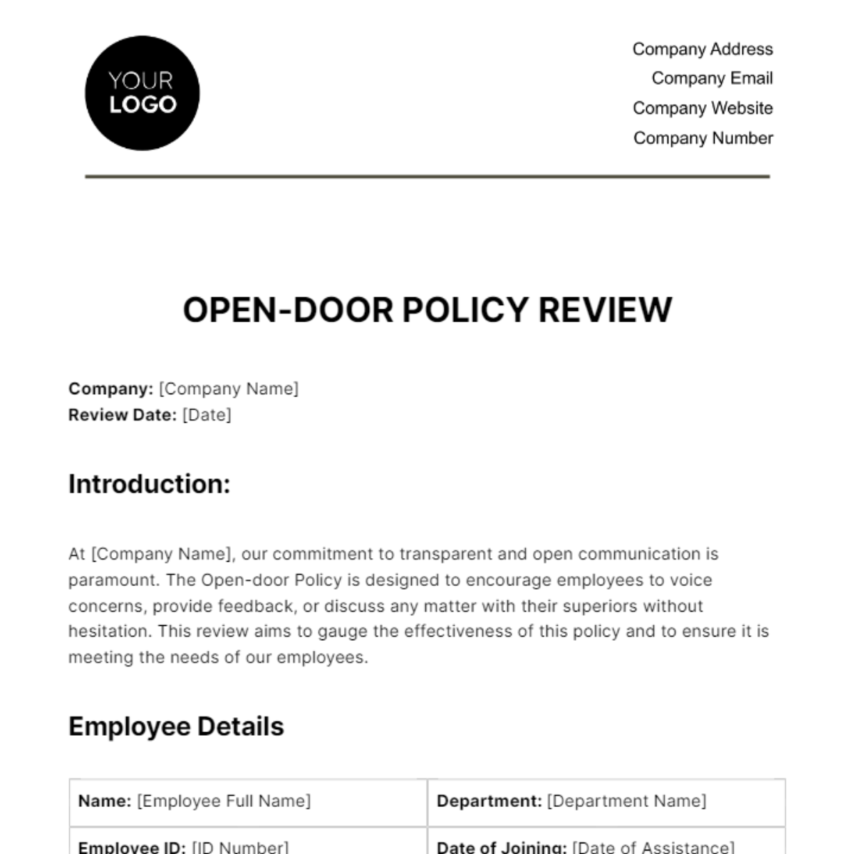 Free Open-door Policy Review HR Template