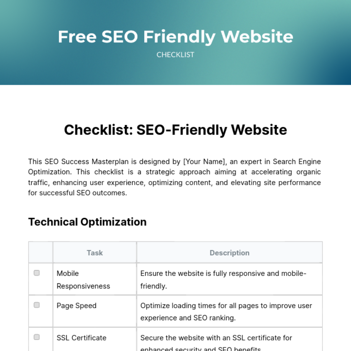 SEO Friendly Website Checklist Template