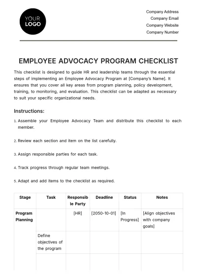 Free Employee Advocacy Program Checklist HR Template to Edit Online