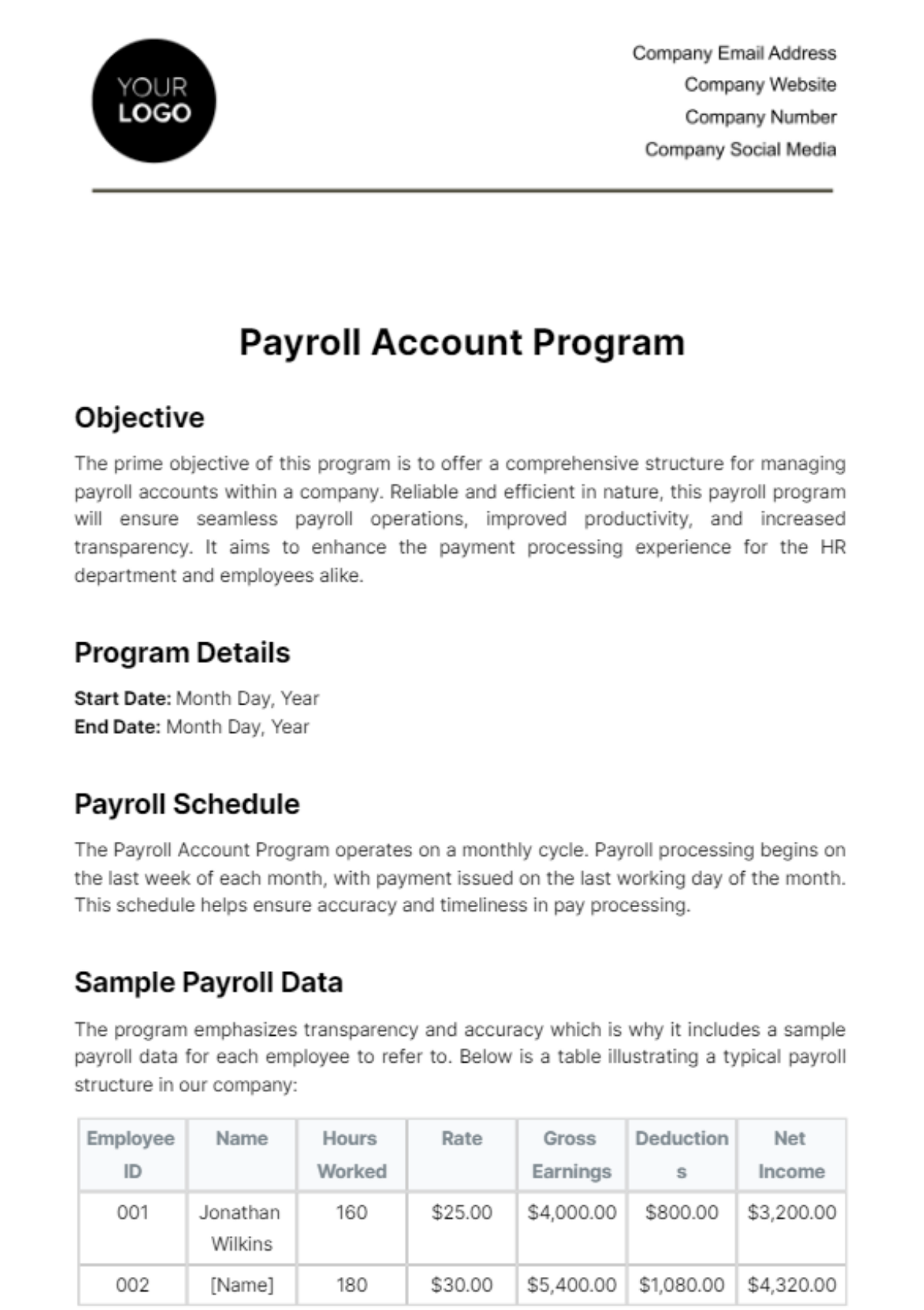 Free Payroll Account Program Template