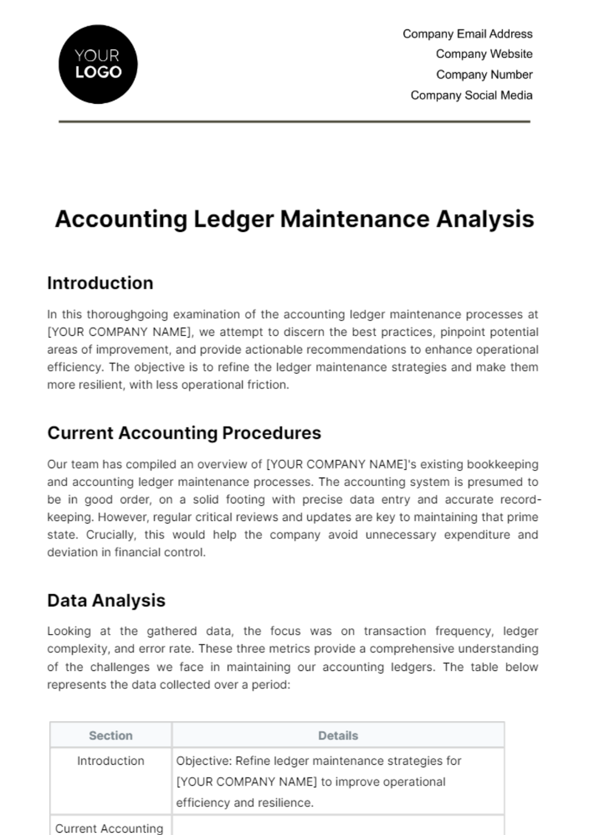 Accounting Ledger Maintenance Analysis Template