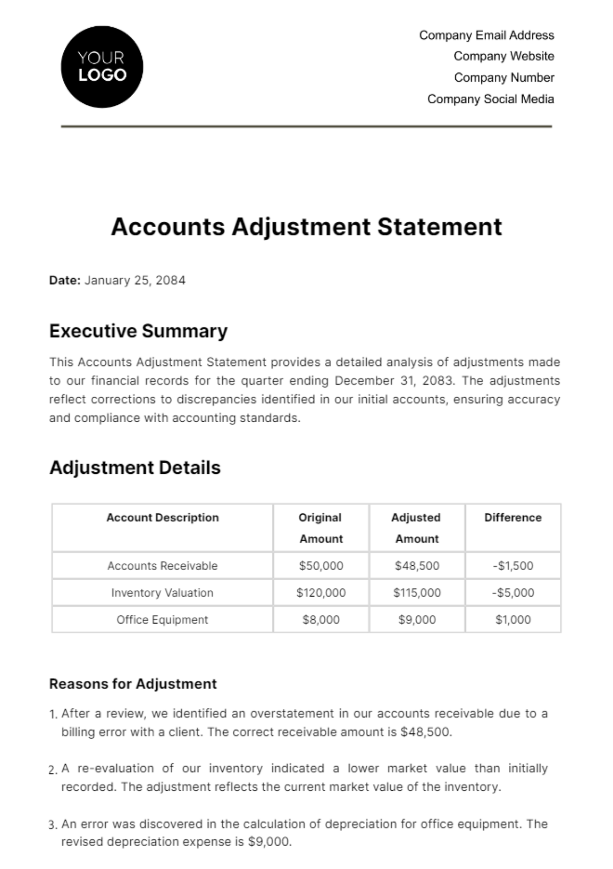 Accounts Adjustment Statement Template