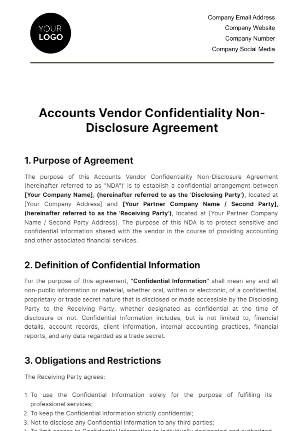 Free Accounts Vendor Confidentiality NDA Template