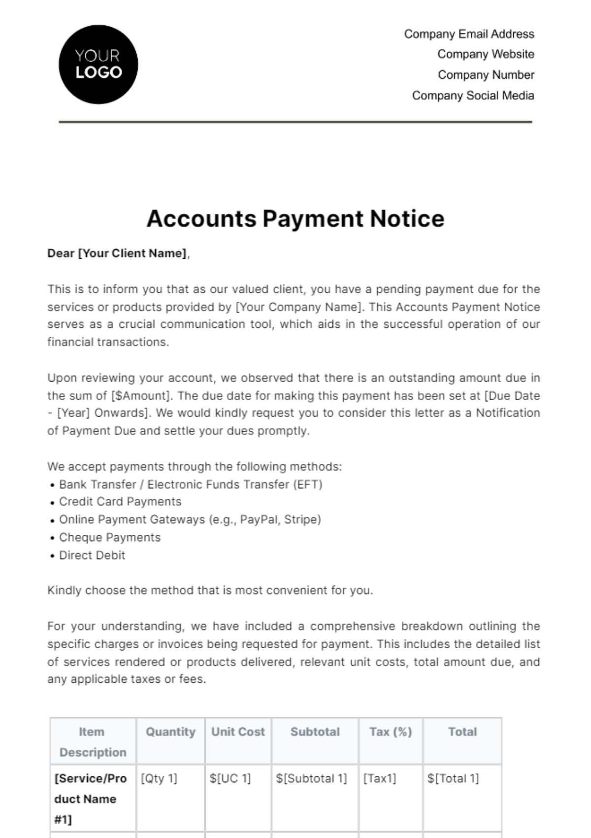 Accounts Payment Notice Template
