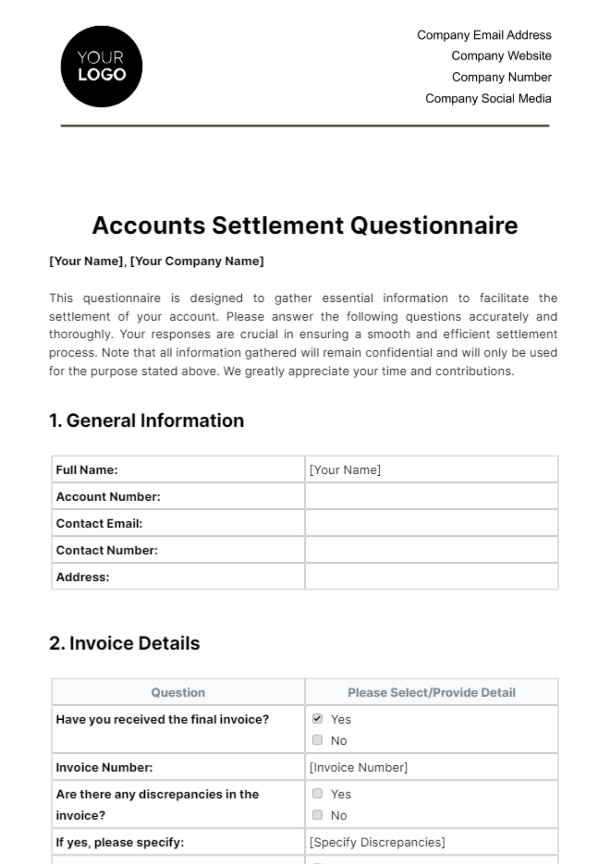 Free Accounts Settlement Questionnaire Template