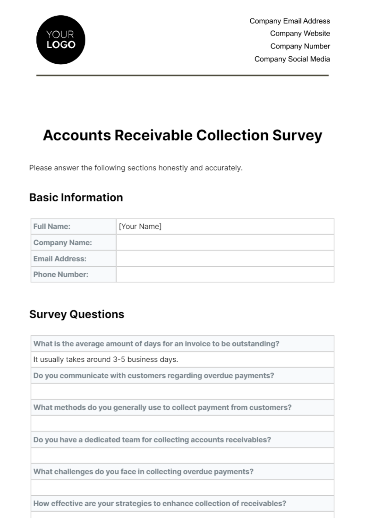 Free Accounts Receivable Collection Survey Template