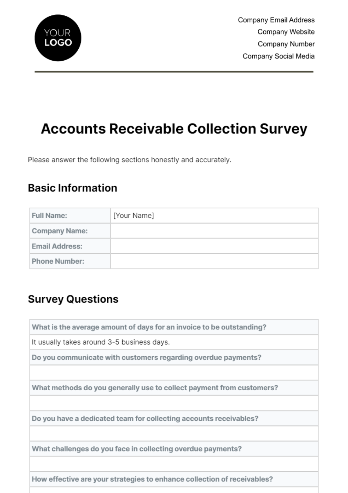 Accounts Receivable Collection Survey Template - Edit Online & Download