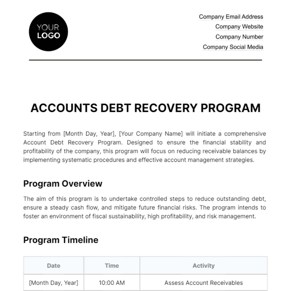 Accounts Debt Recovery Program Template - Edit Online & Download