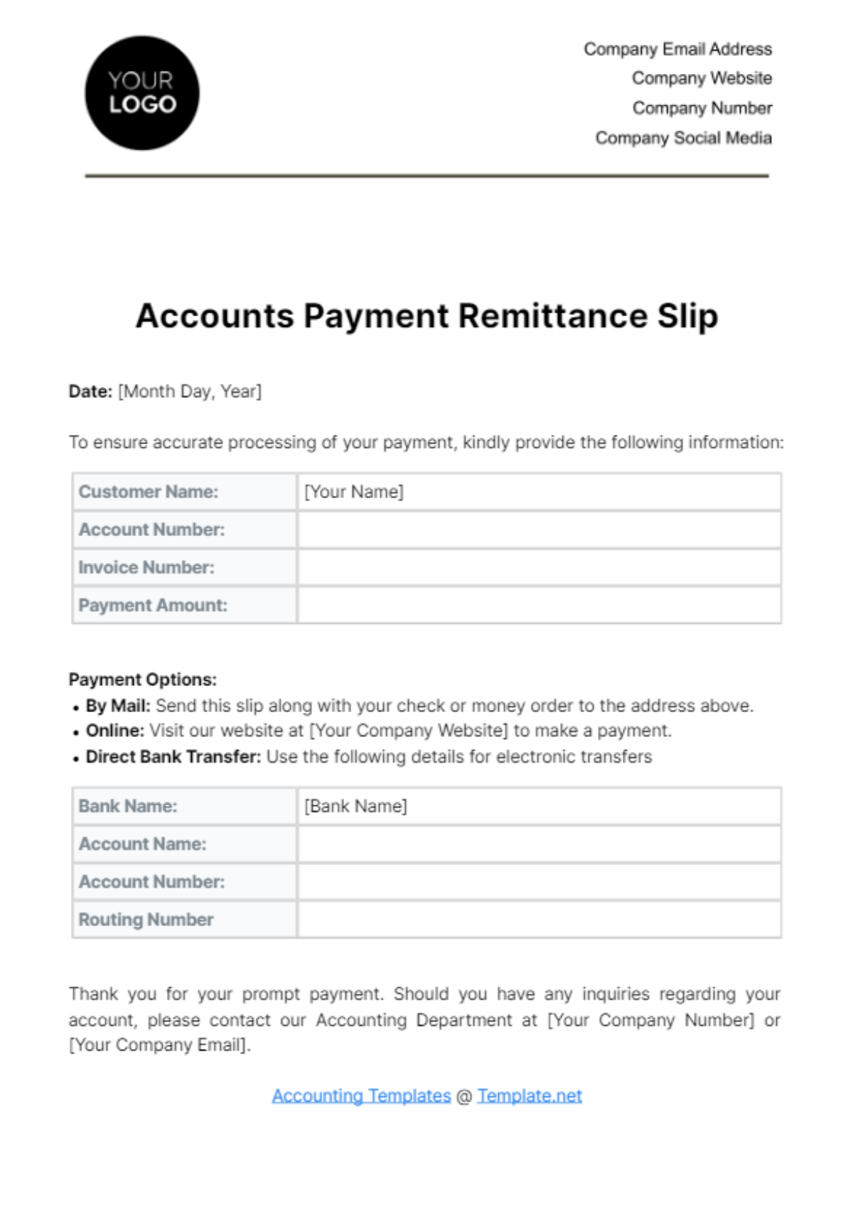 Accounts Payment Remittance Slip Template