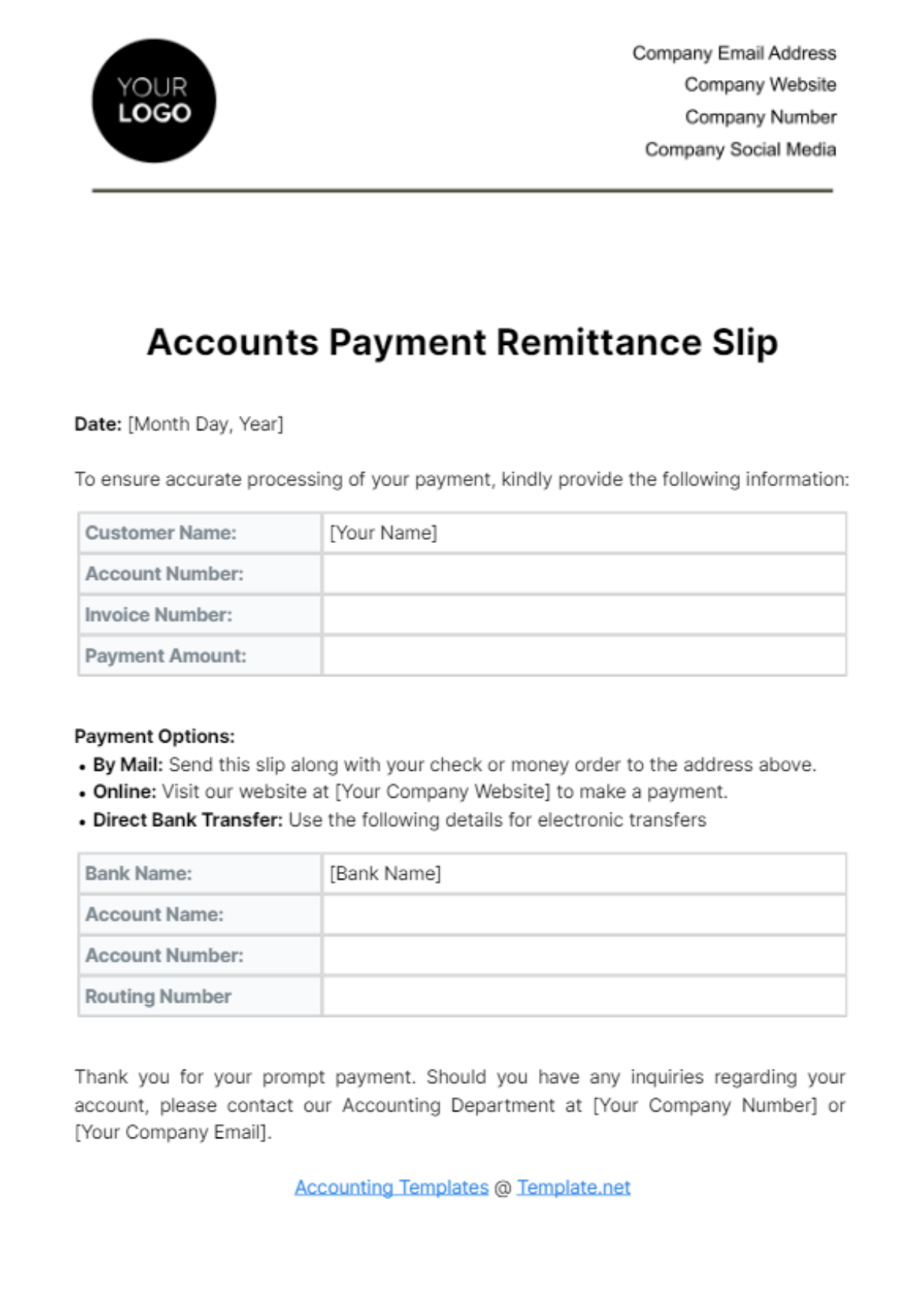 Accounts Payment Remittance Slip Template - Edit Online & Download