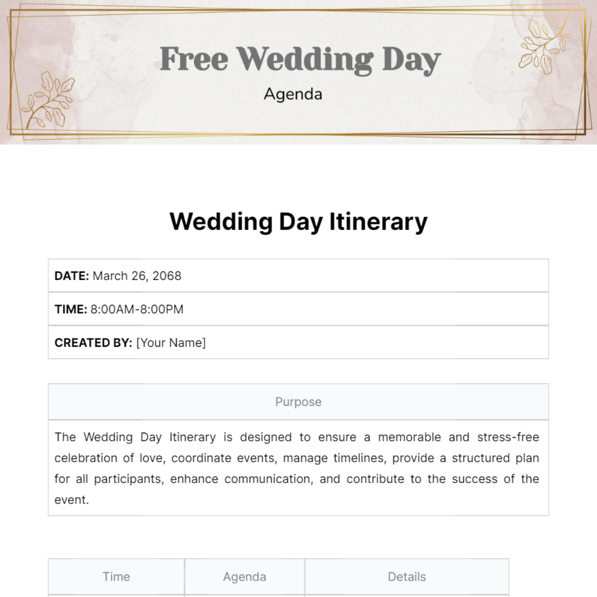 Wedding Day Agenda  Template