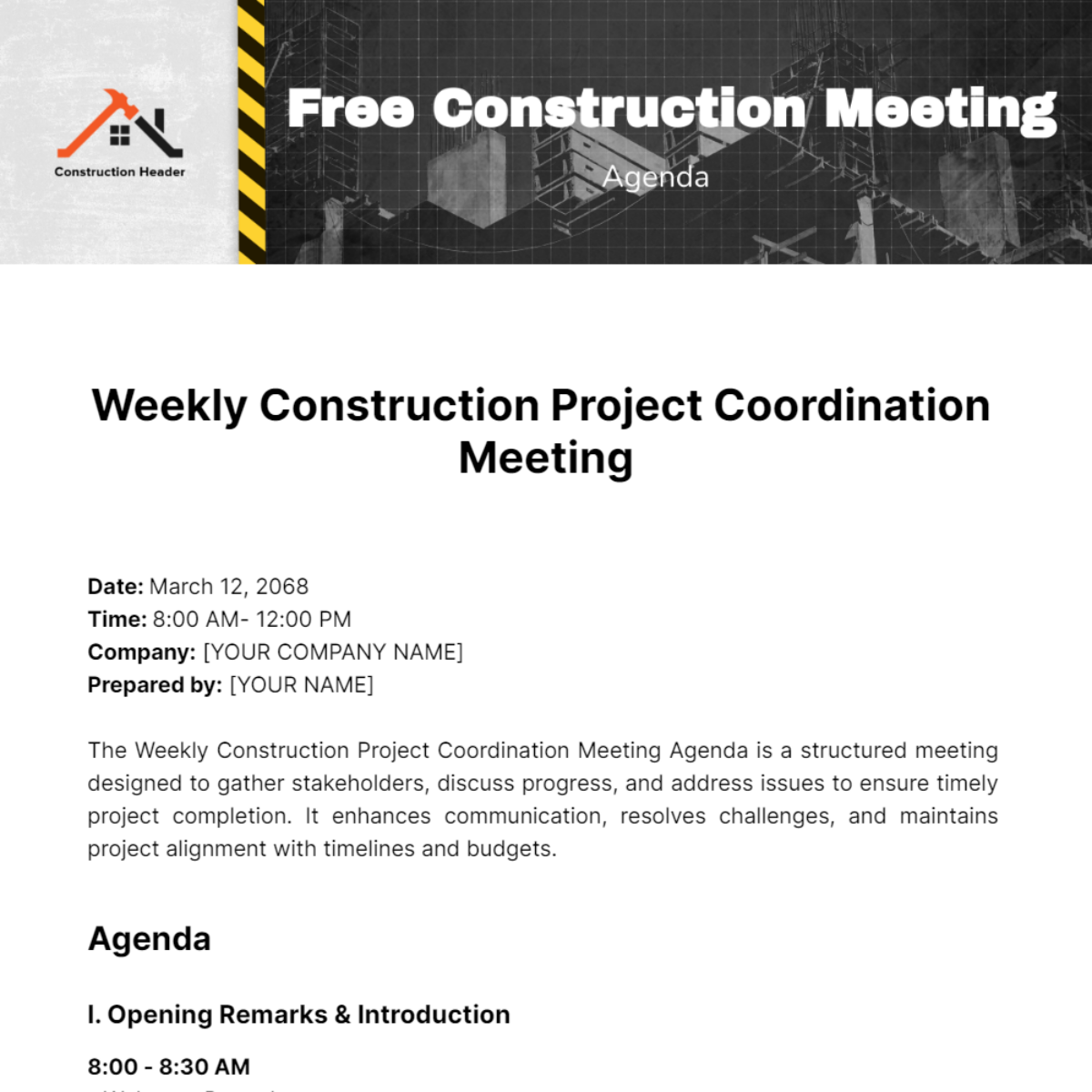 Construction Meeting Agenda  Template - Edit Online & Download