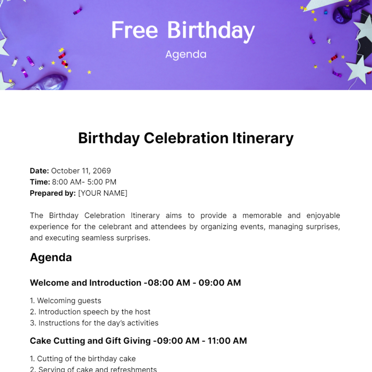 Birthday Agenda  Template
