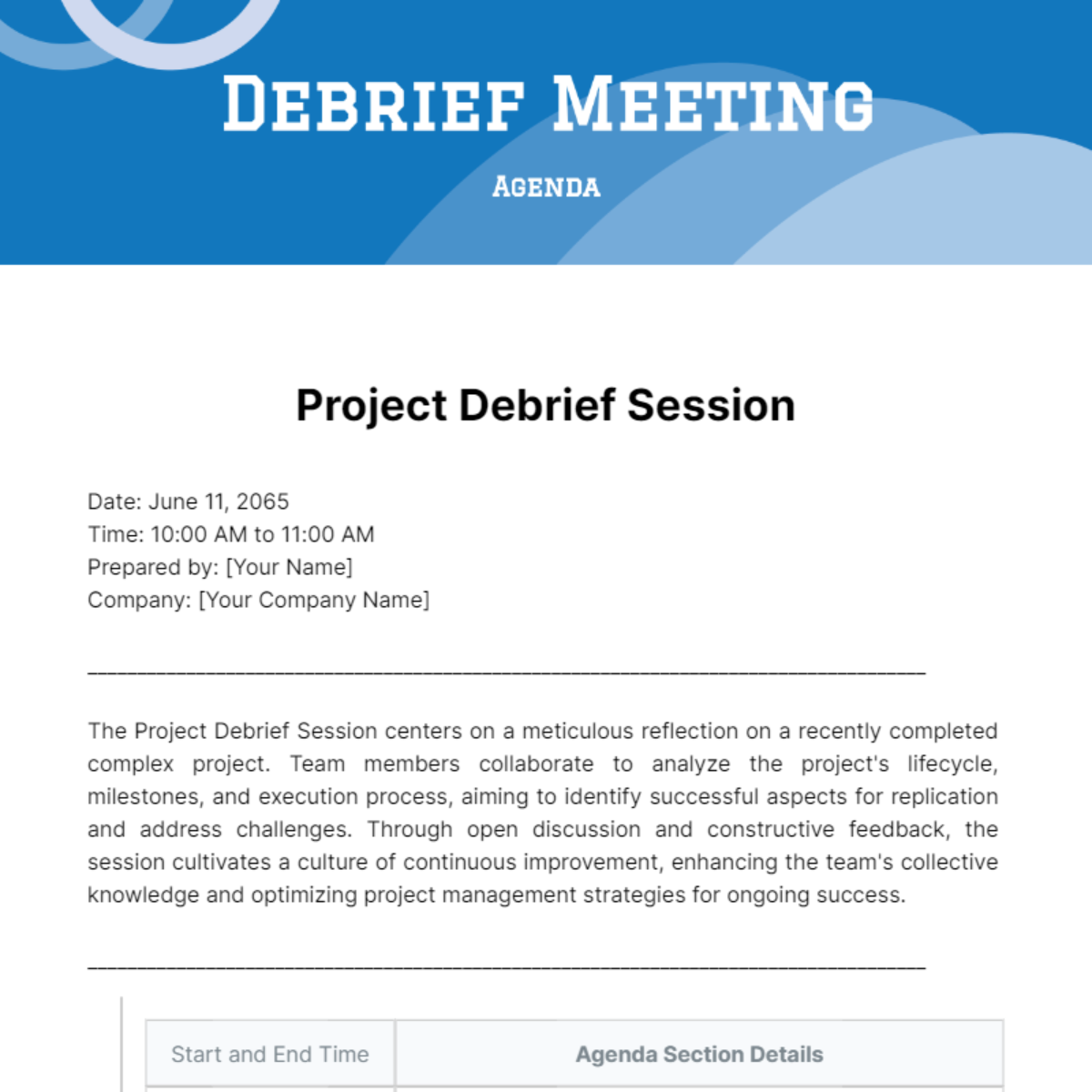 Debrief Meeting Agenda Template - Edit Online & Download