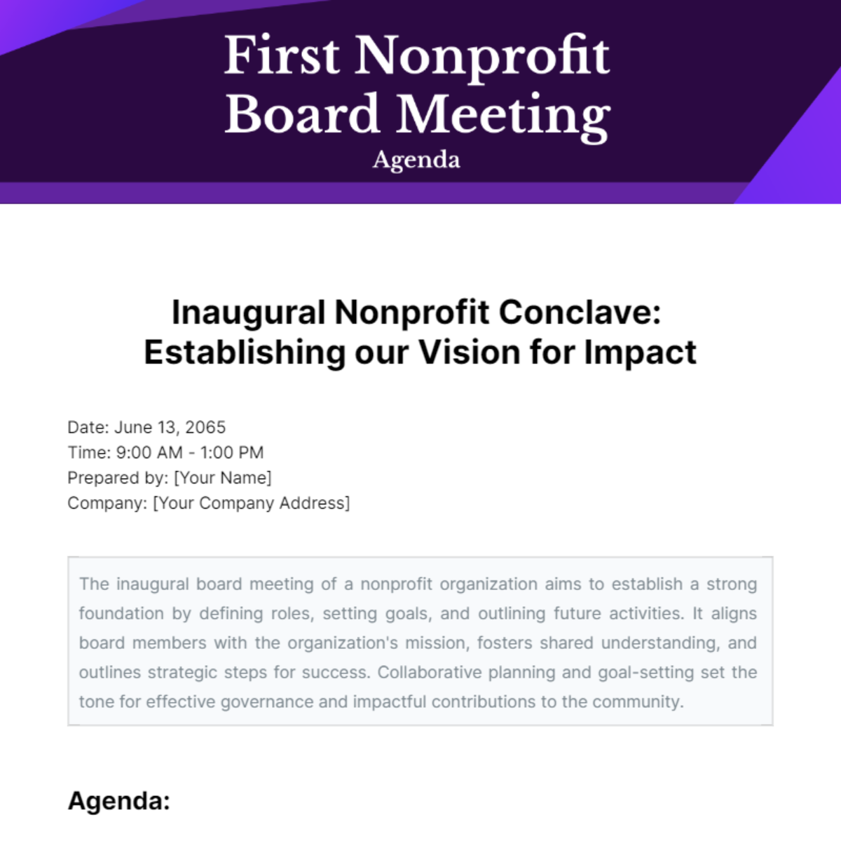 First Nonprofit Board Meeting Agenda Template
