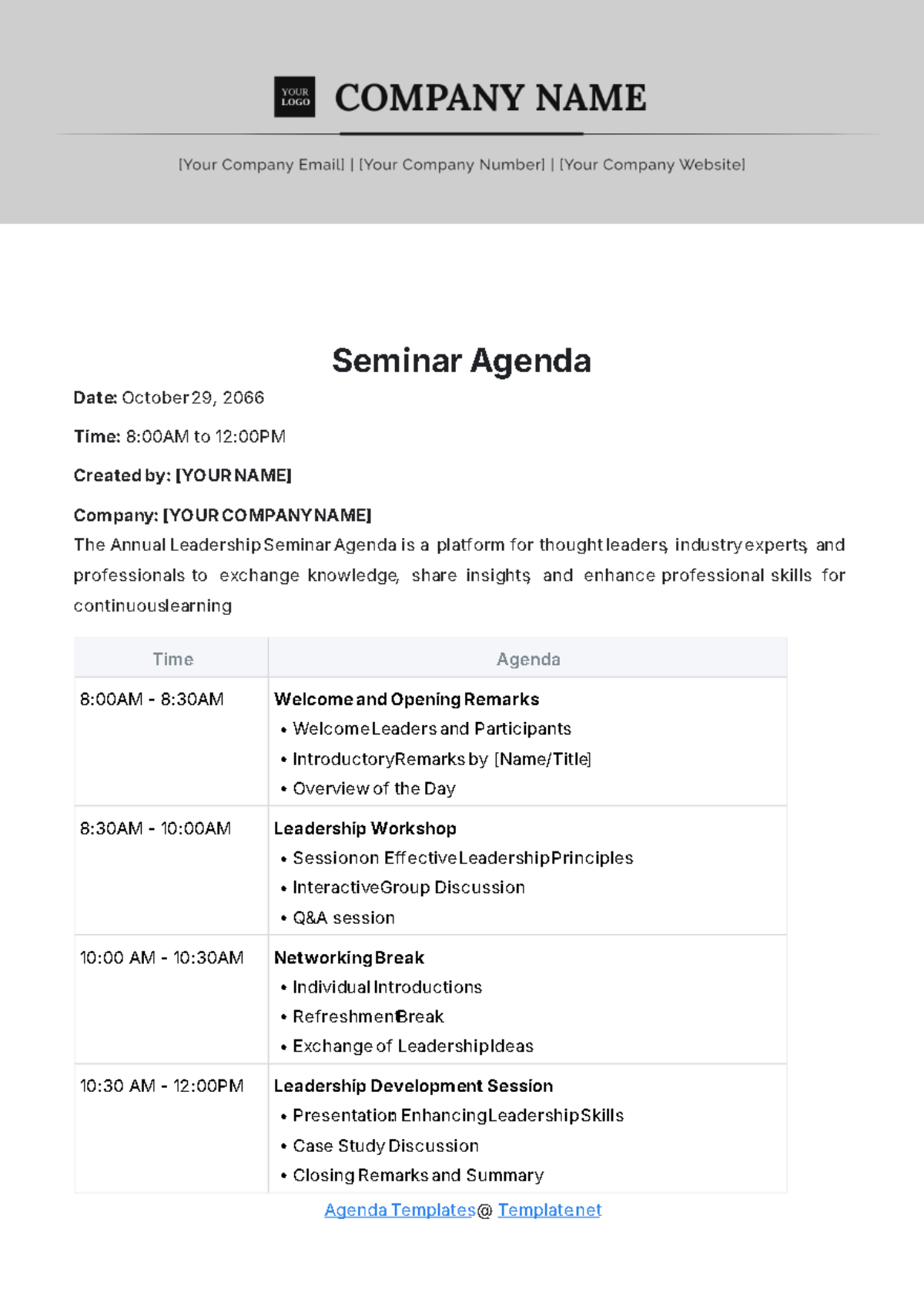 Seminar Agenda Layout Template - Edit Online & Download