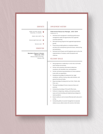 Field Human Resources Manager Resume/CV Template - Word ...