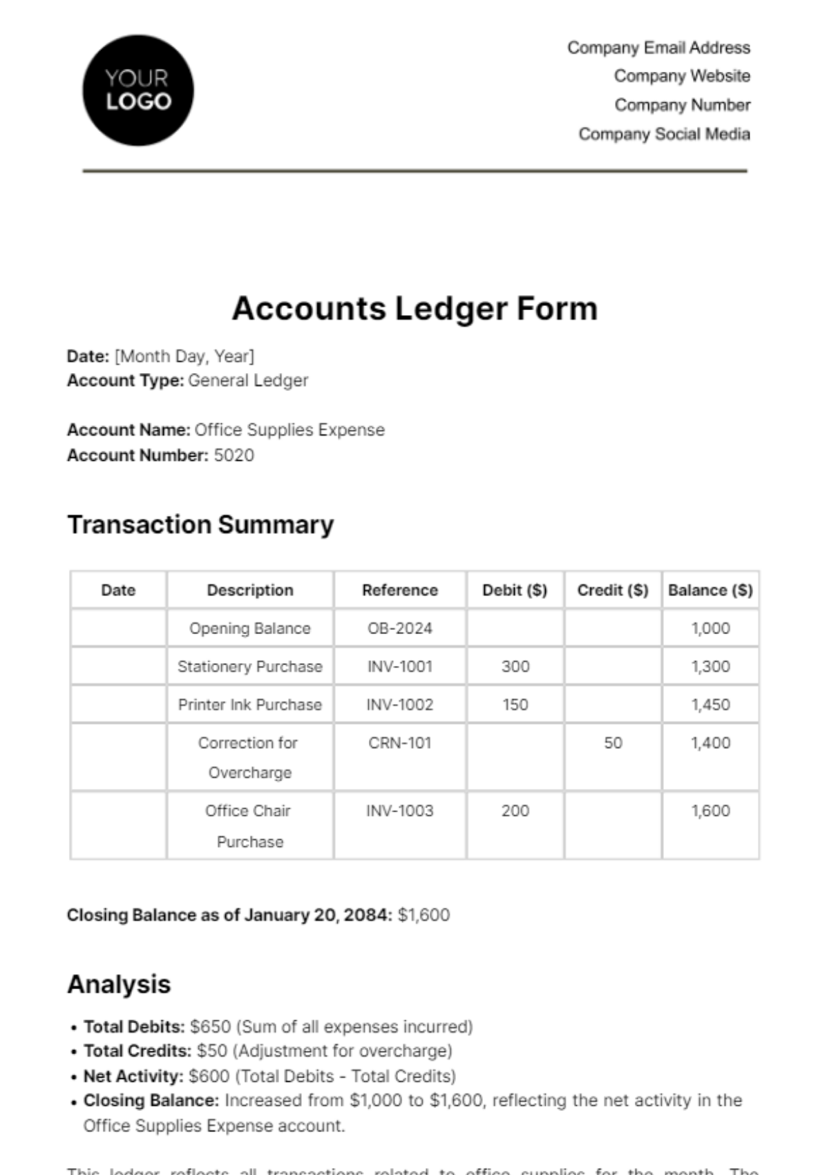 Free Accounts Ledger Form Template