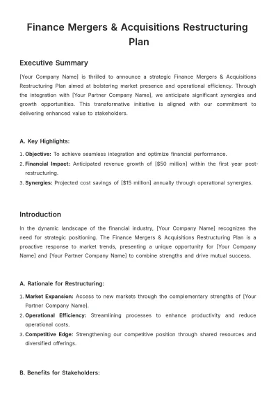 Free Finance Mergers & Acquisitions Restructuring Plan Template to Edit Online