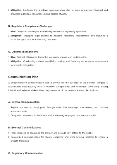 Free Finance Mergers & Acquisitions Restructuring Plan Template to Edit Online