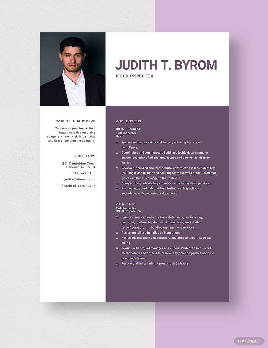 Free Field Inspector Resume in Word, Apple Pages