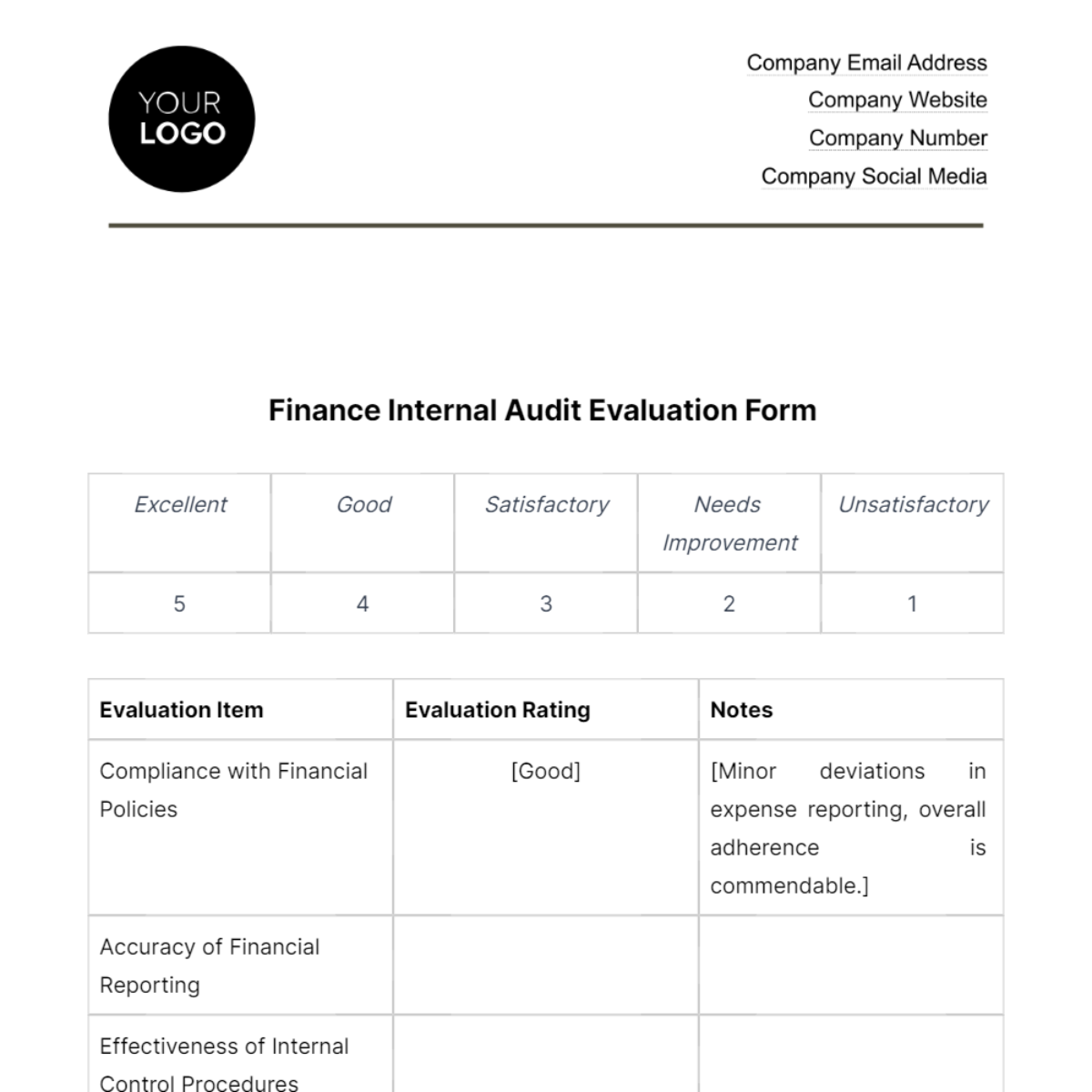 Free Finance Internal Audit Evaluation Form Template