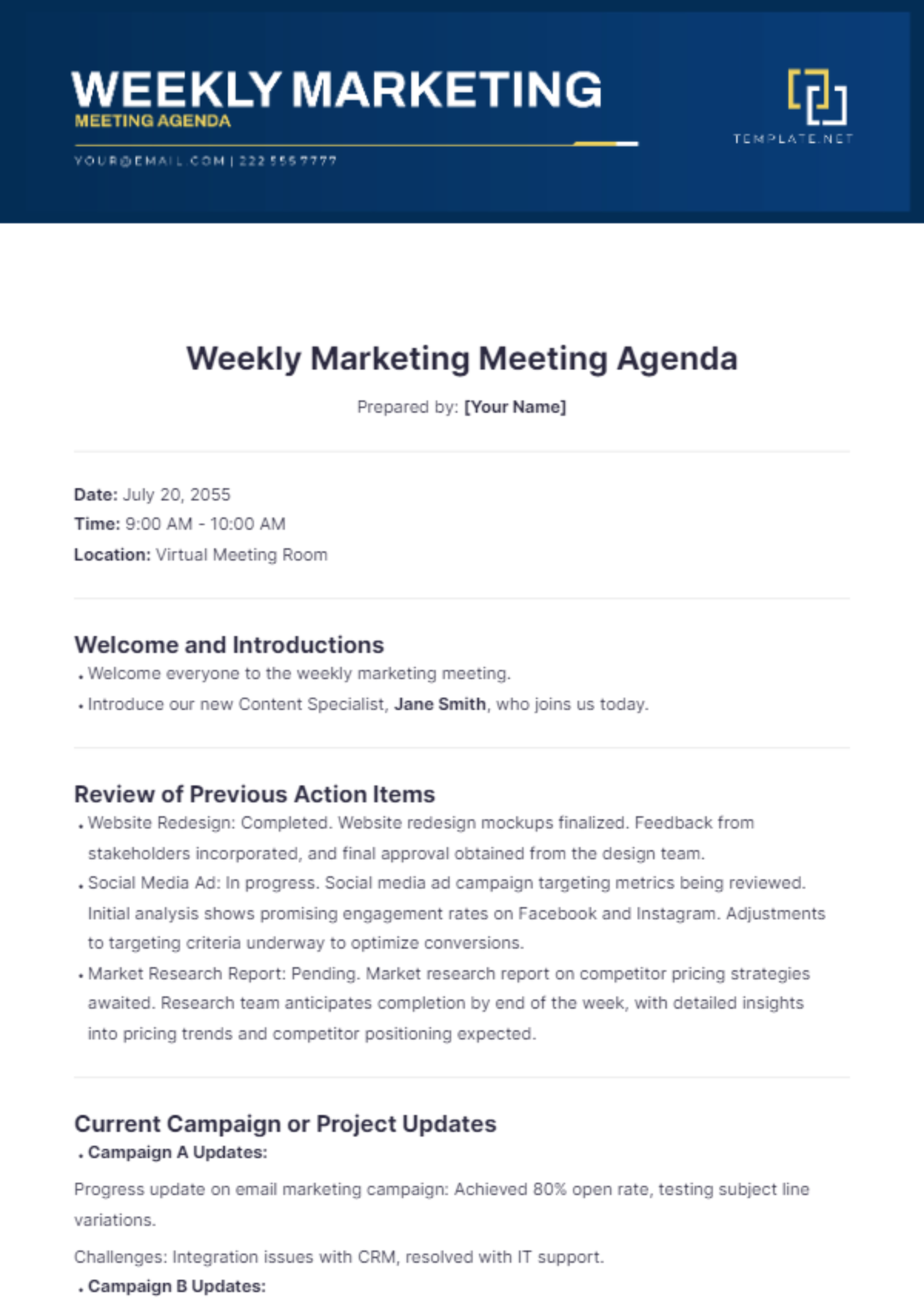 Weekly Marketing Meeting Agenda Template - Edit Online & Download