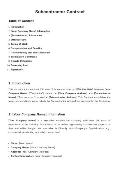 Free Subcontractor Contract Template to Edit Online