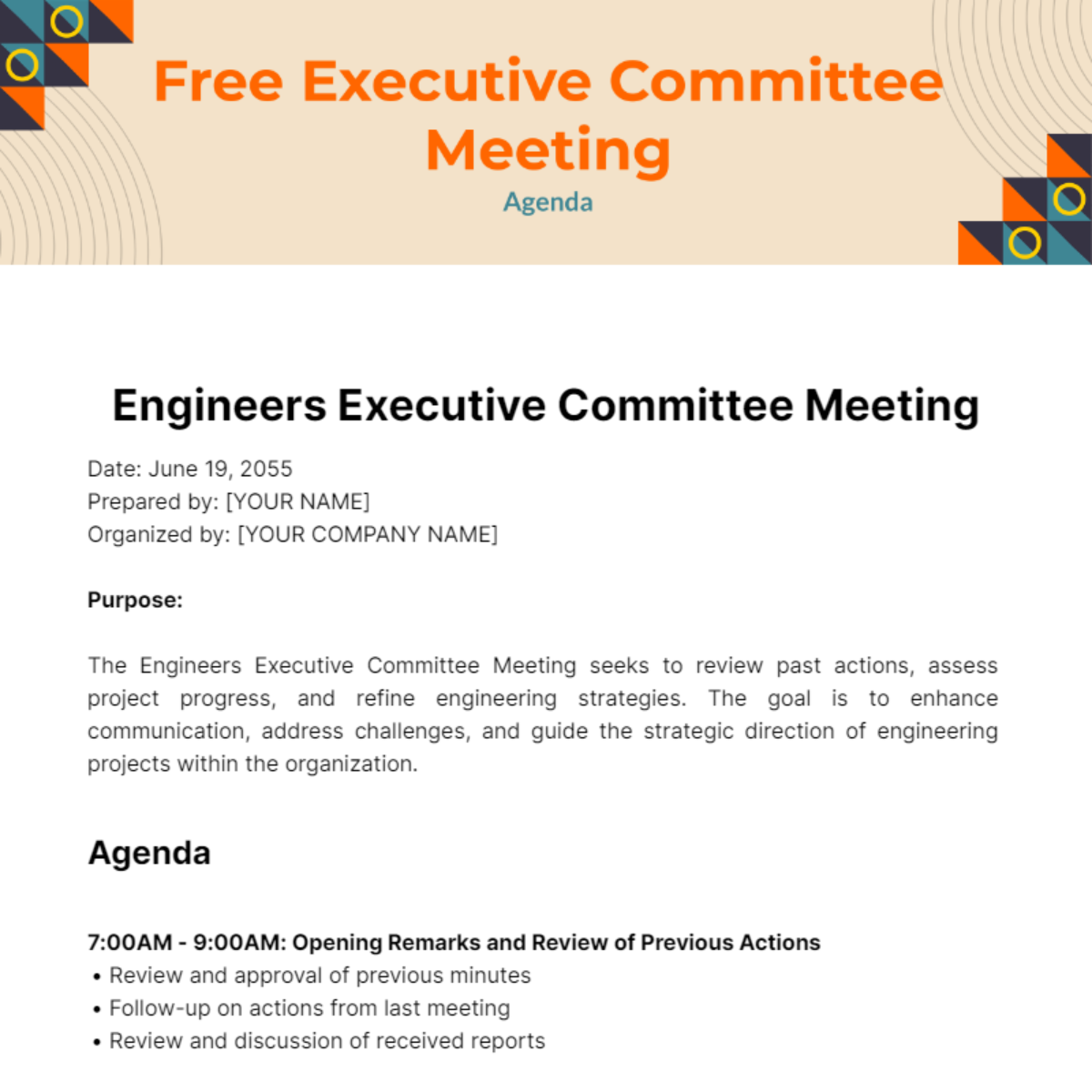 Executive Committee Meeting Agenda Template