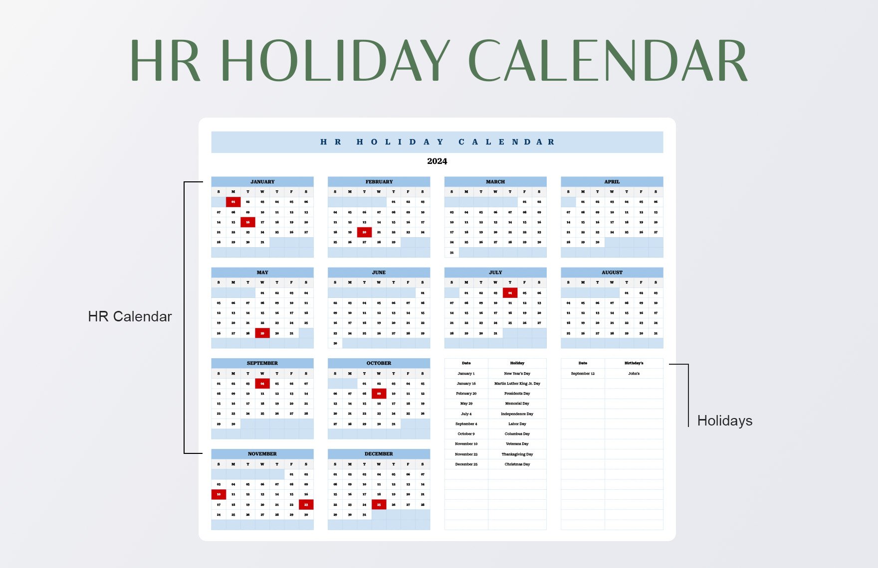 HR Holiday Calendar Template