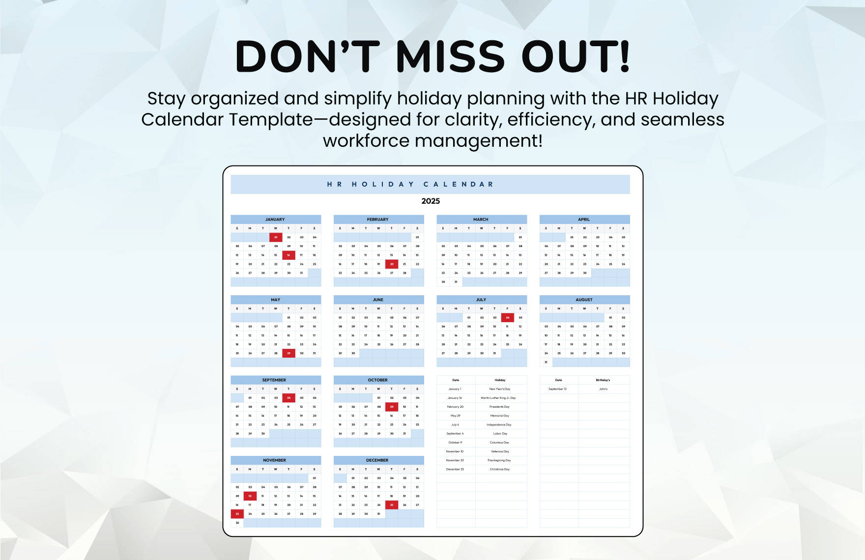 HR Holiday Calendar Template