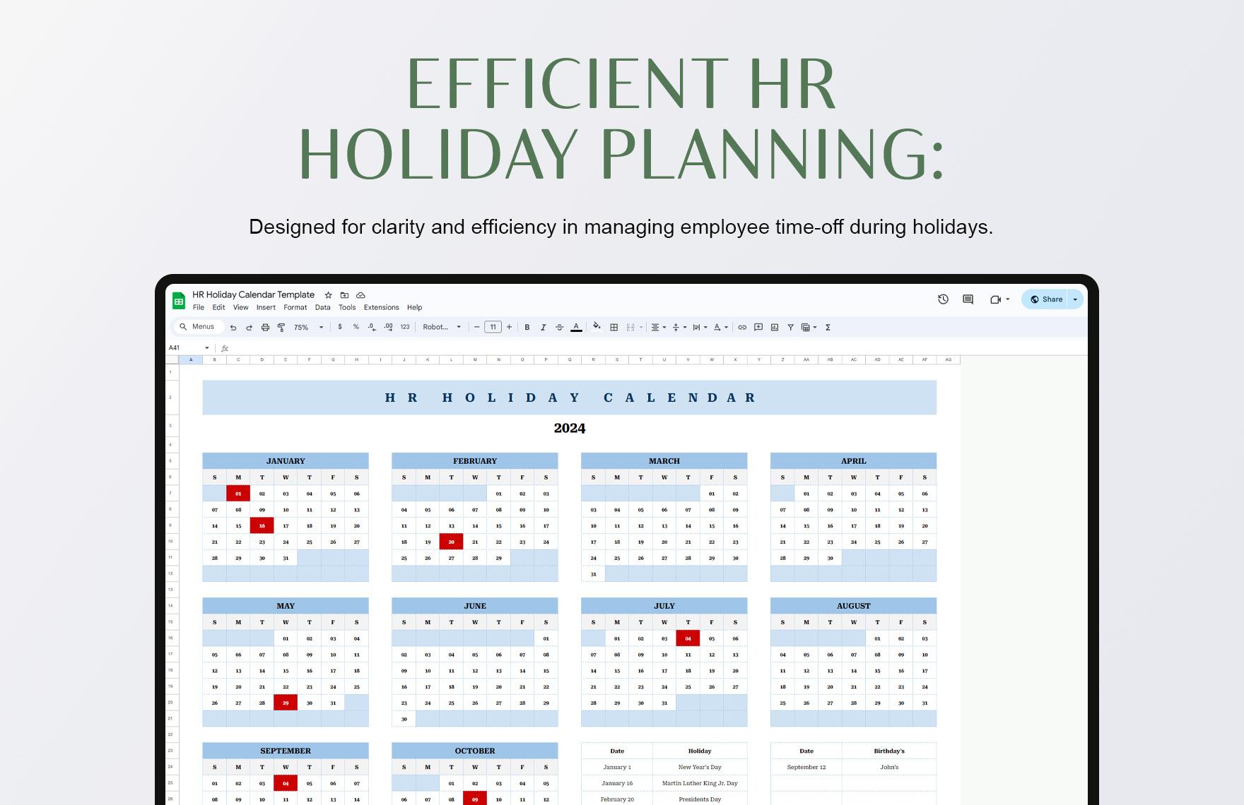 HR Holiday Calendar Template