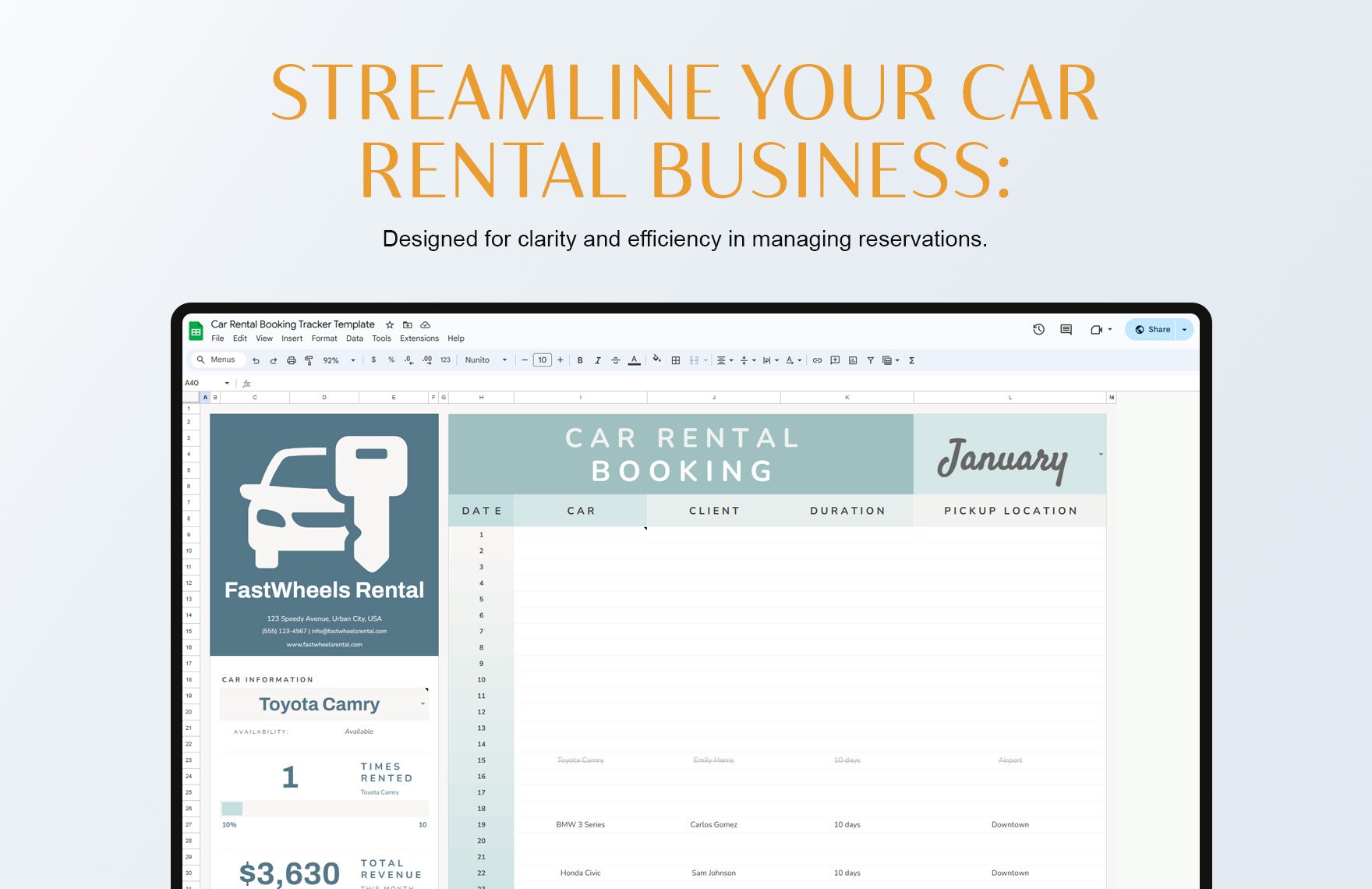 Car Rental Booking Tracker Template