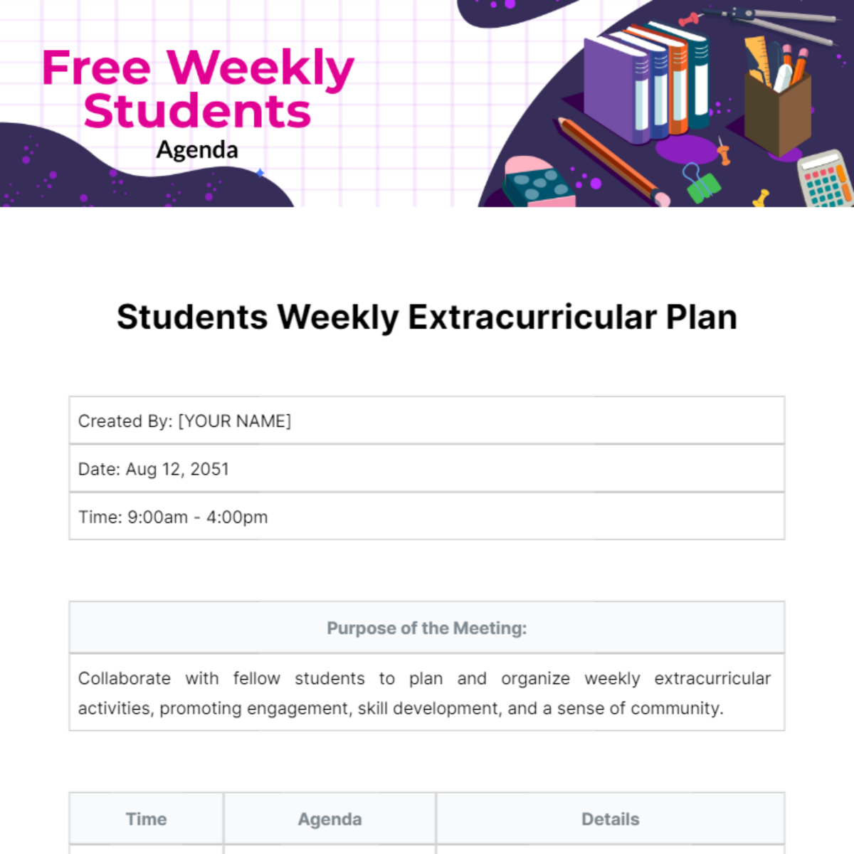 Weekly Agenda  For Students Template
