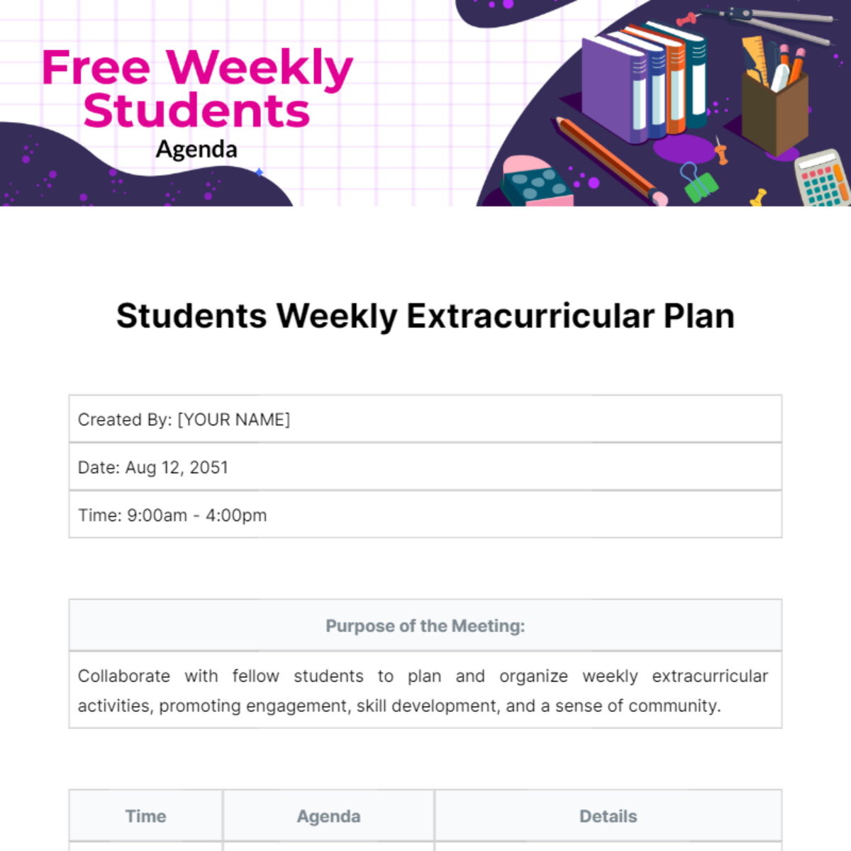 Weekly Agenda For Students Template Edit Online Download Example 