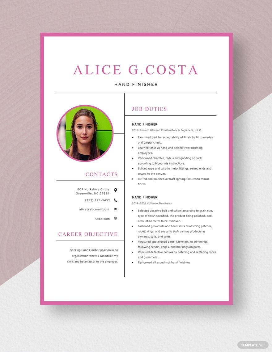 Hand Finisher Resume in Word, Apple Pages
