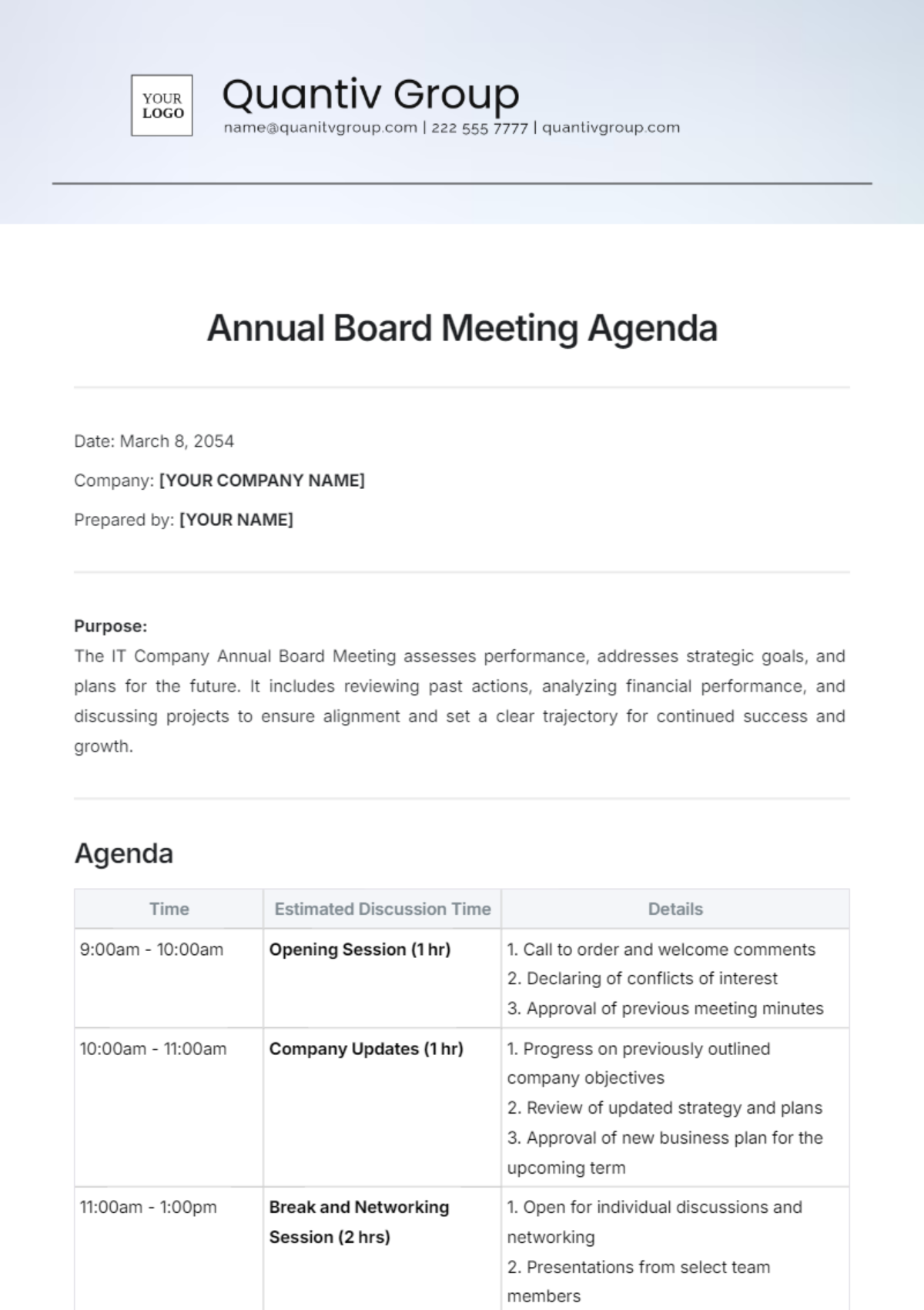 Annual Board Meeting Agenda Template - Edit Online & Download