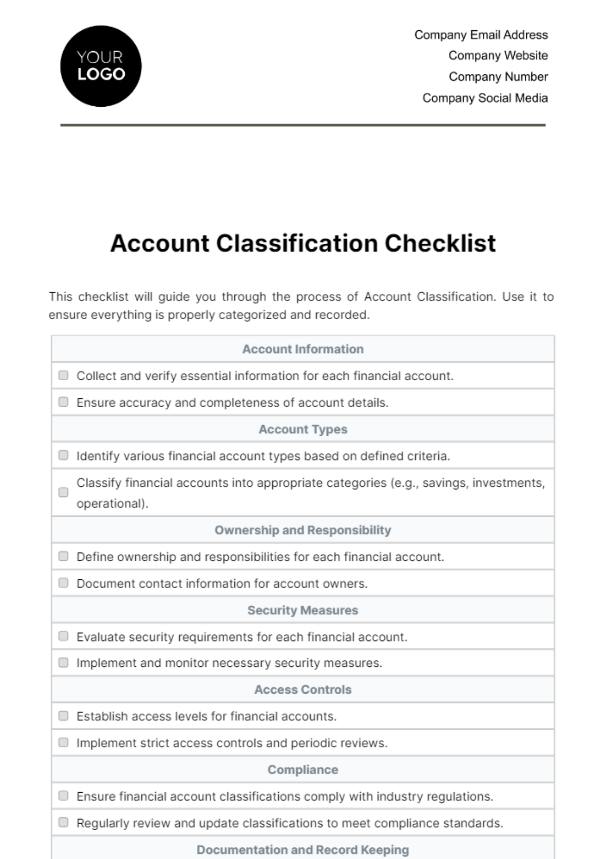 Account Classification Checklist Template