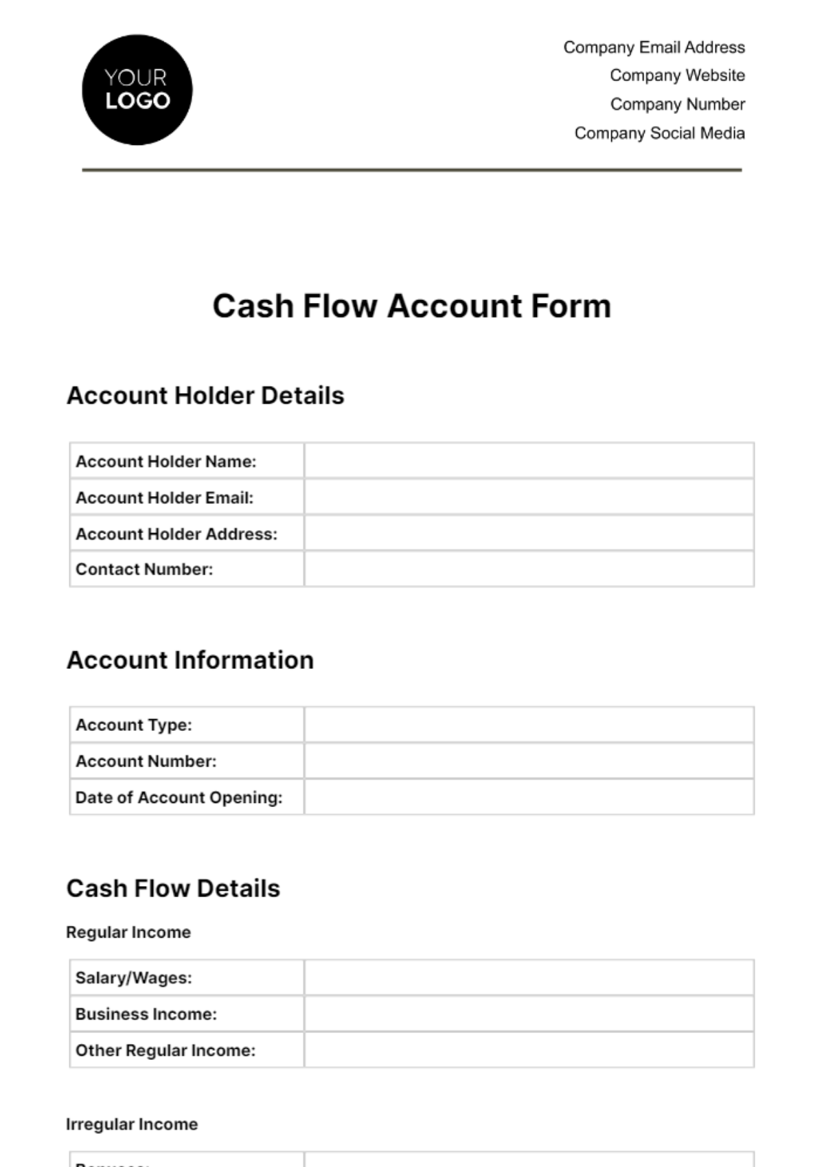 Cash Flow Account Form Template