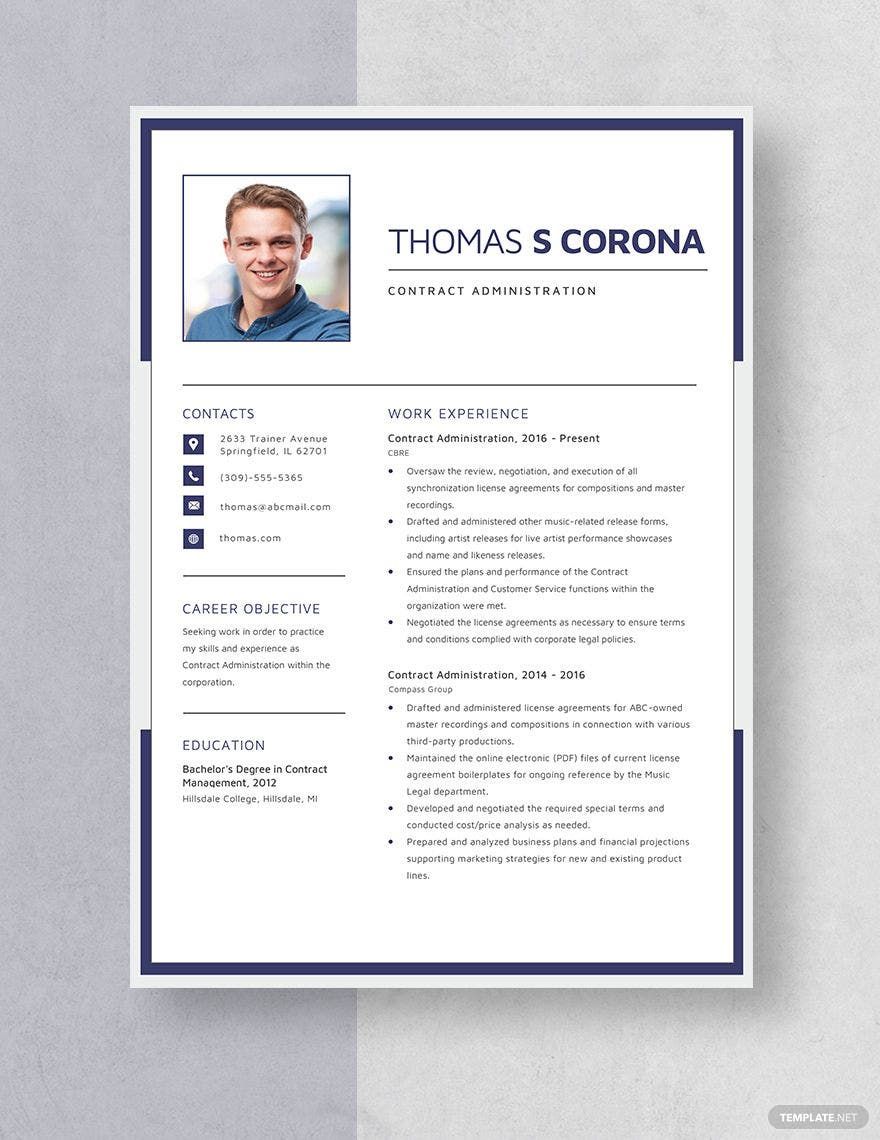 Free Contract Administration Resume in Word, Apple Pages