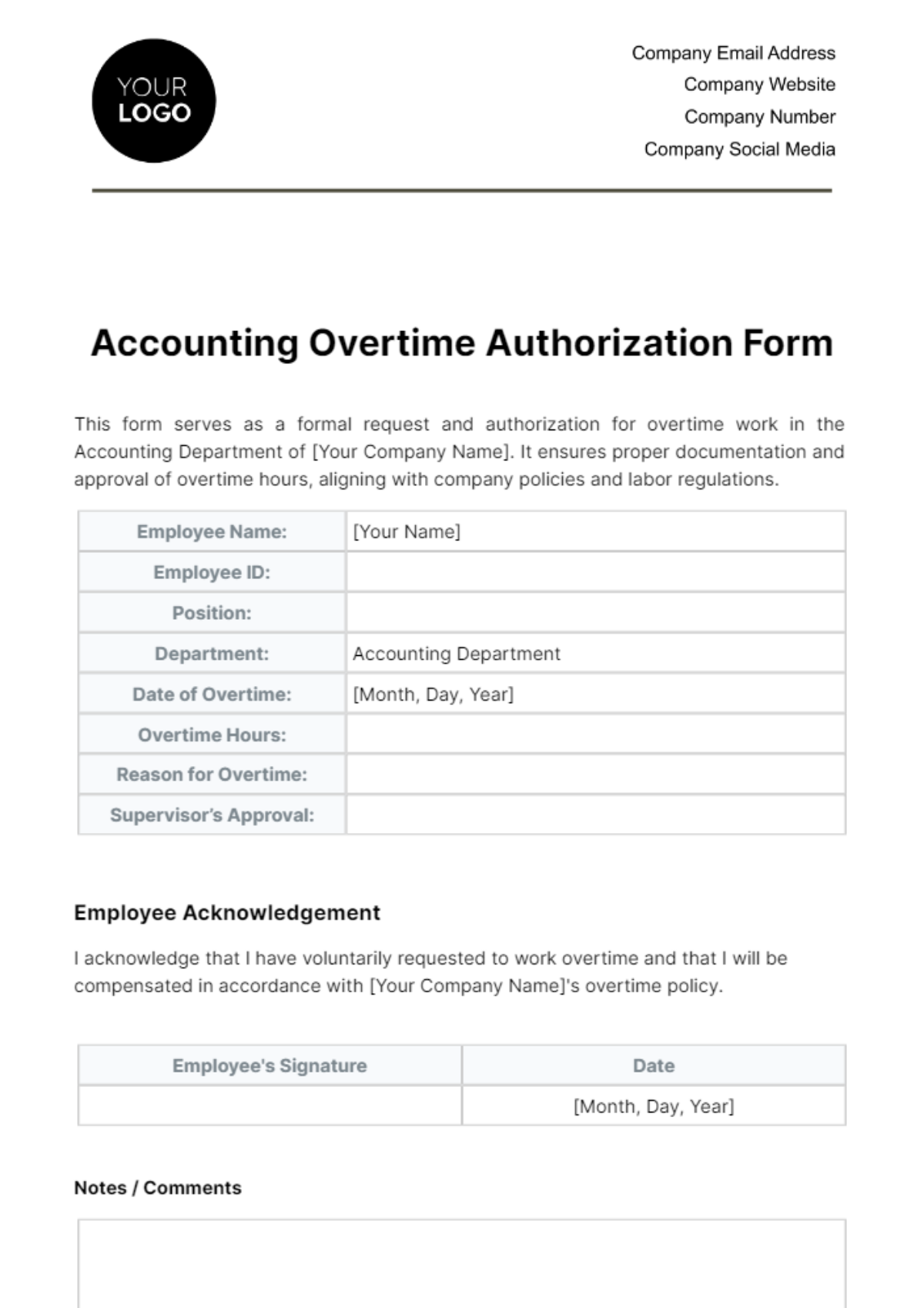 Accounting Overtime Authorization Form Template