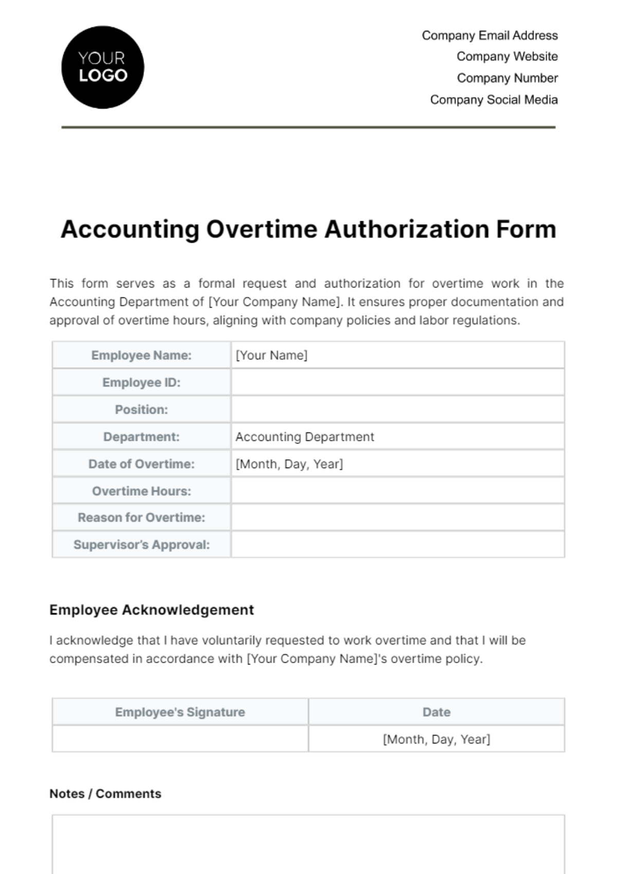 Accounting Overtime Authorization Form Template - Edit Online & Download