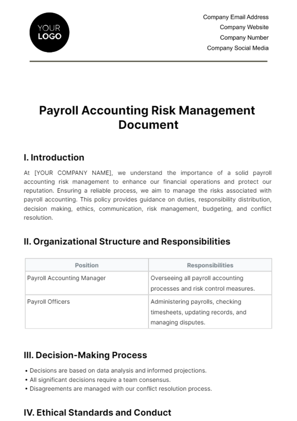 Payroll Accounting Risk Management Document Template