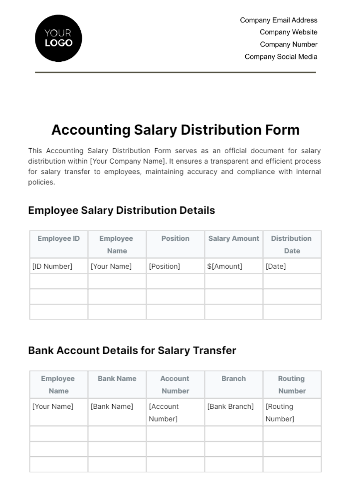 Accounting Salary Distribution Form Template