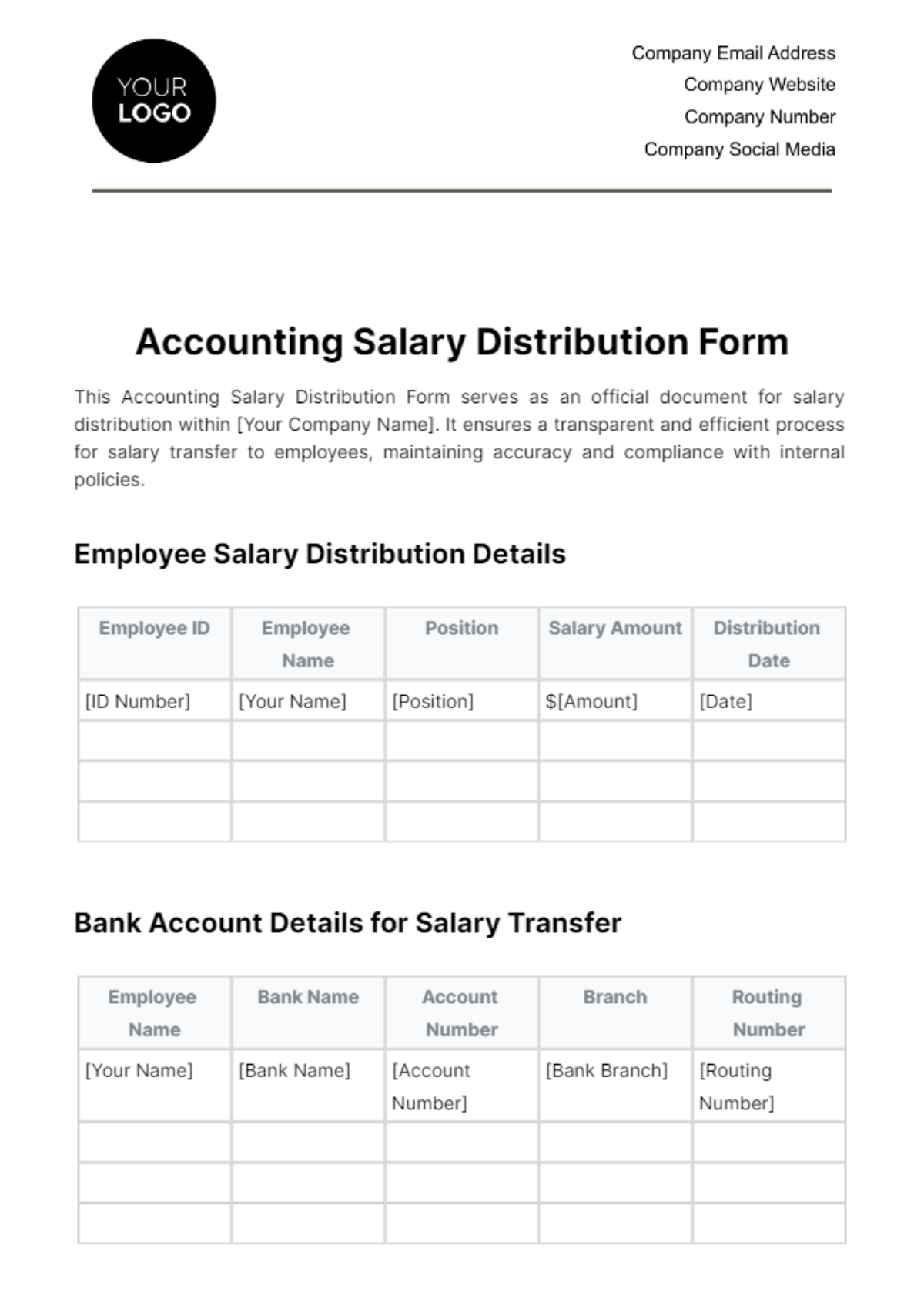 Free Accounting Salary Distribution Form Template to Edit Online