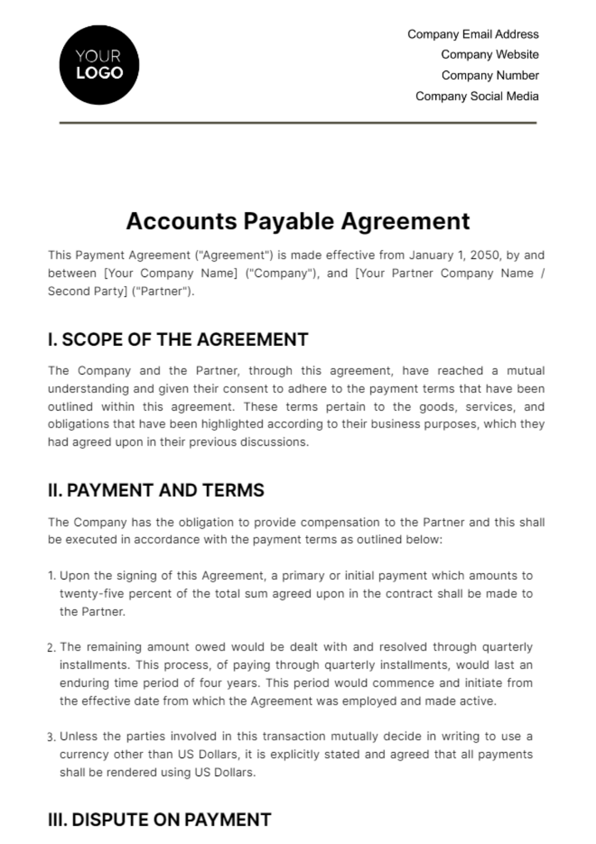 Free Accounts Payable Agreement Template